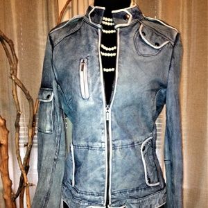 Leather Denim wash Jean Jacket